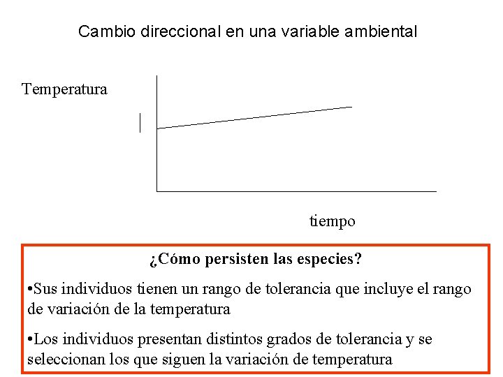 Cambio direccional en una variable ambiental Temperatura tiempo ¿Cómo persisten las especies? • Sus Cambio direccional en una variable ambiental Temperatura tiempo ¿Cómo persisten las especies? • Sus