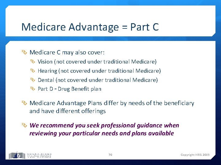 Medicare Advantage = Part C Medicare C may also cover: Vision (not covered under