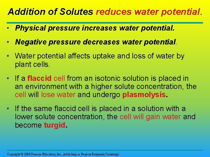 Addition of Solutes reduces water potential. • Physical pressure increases water potential. • Negative