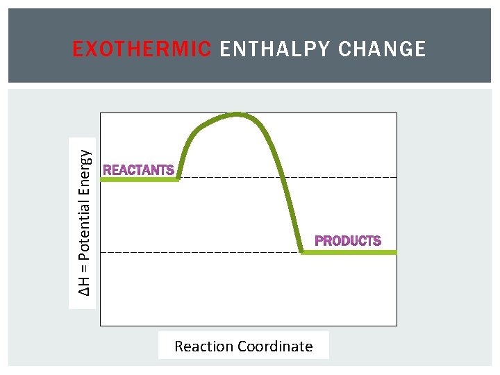 ΔH = Potential Energy EXOTHERMIC ENTHALPY CHANGE Reaction Coordinate 