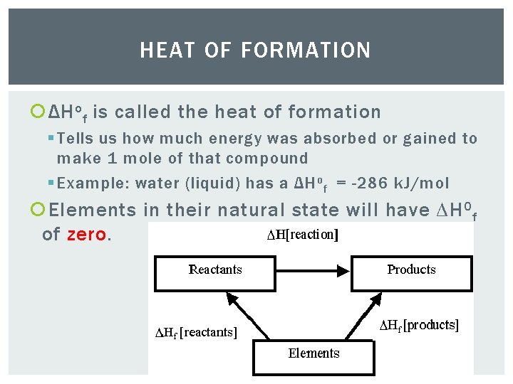 HEAT OF FORMATION ΔH o f is called the heat of formation § Tells