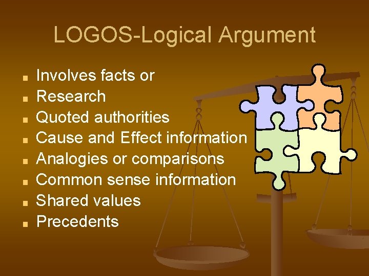 LOGOS-Logical Argument ■ ■ ■ ■ Involves facts or Research Quoted authorities Cause and