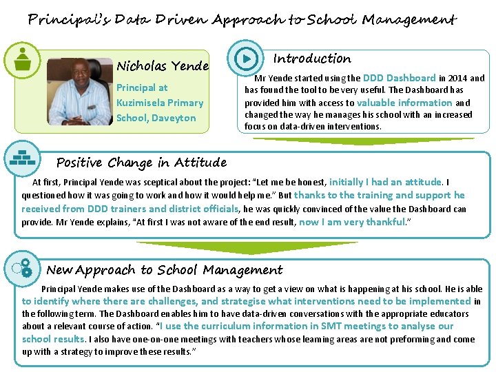Principal’s Data Driven Approach to School Management Nicholas Yende Principal at Kuzimisela Primary School,