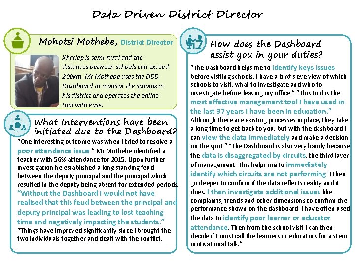 Data Driven District Director Mohotsi Mothebe, District Director Xhariep is semi-rural and the distances