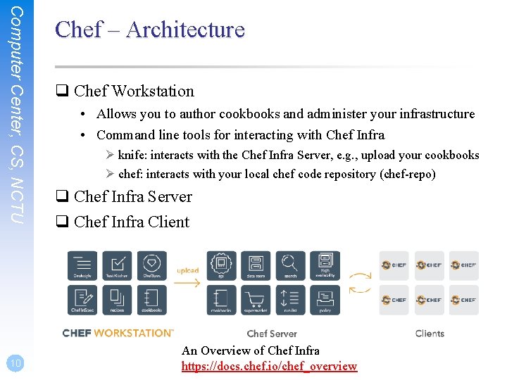Computer Center, CS, NCTU 10 Chef – Architecture q Chef Workstation • Allows you