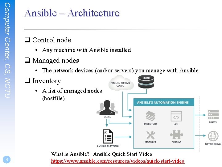 Computer Center, CS, NCTU 8 Ansible – Architecture q Control node • Any machine