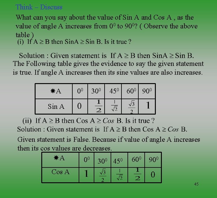 Think – Discuss What can you say about the value of Sin A and