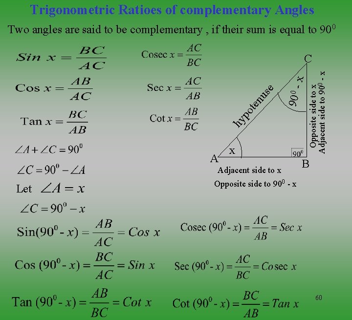 Trigonometric Ratioes of complementary Angles Two angles are said to be complementary , if