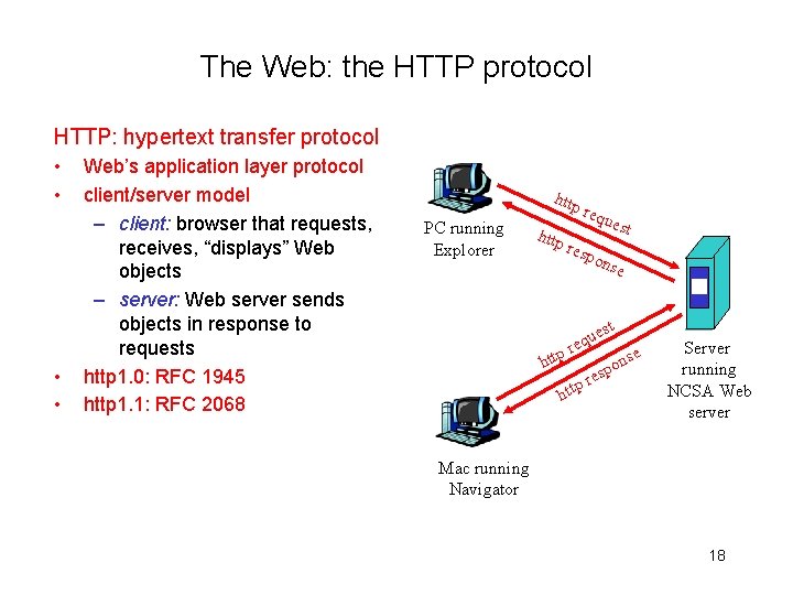 The Web: the HTTP protocol HTTP: hypertext transfer protocol • • Web’s application layer