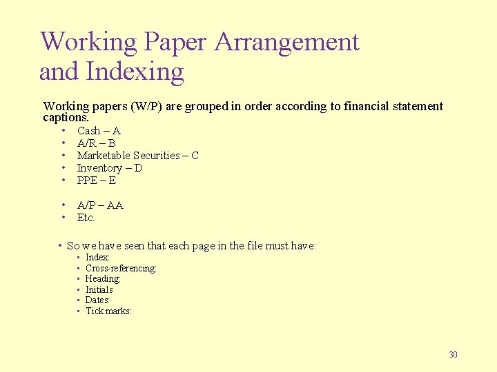 Working Paper Arrangement and Indexing Working papers (W/P) are grouped in order according to