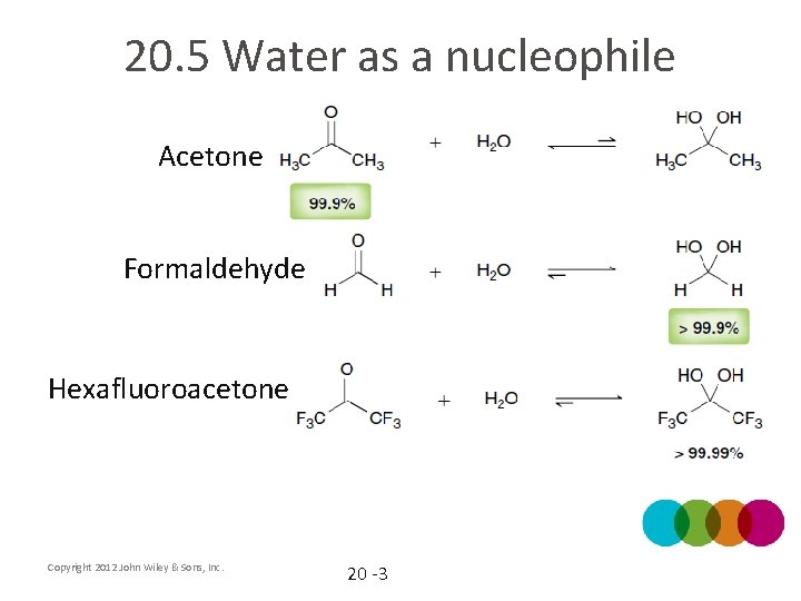 20. 5 Water as a nucleophile Acetone Formaldehyde Hexafluoroacetone Copyright 2012 John Wiley &