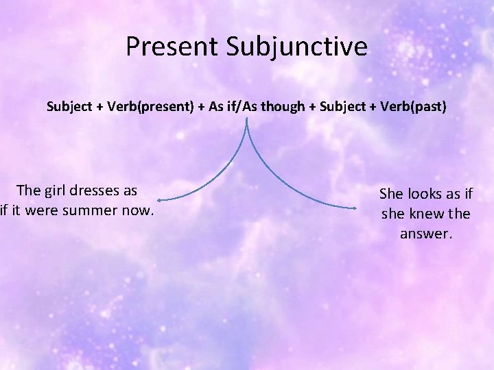 Present Subjunctive Subject + Verb(present) + As if/As though + Subject + Verb(past) The