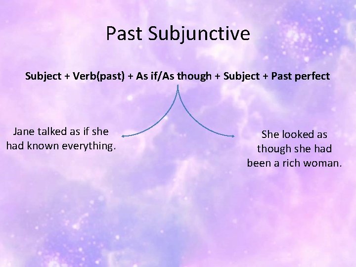 Past Subjunctive Subject + Verb(past) + As if/As though + Subject + Past perfect