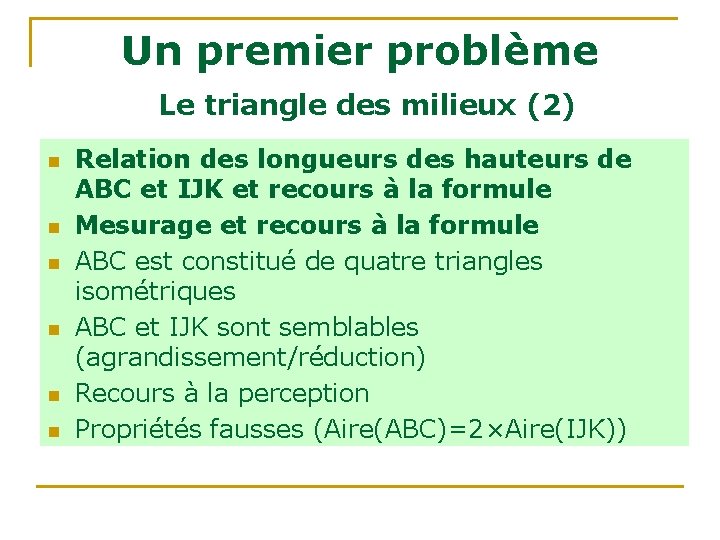 Un premier problème Le triangle des milieux (2) n n n Relation des longueurs Un premier problème Le triangle des milieux (2) n n n Relation des longueurs