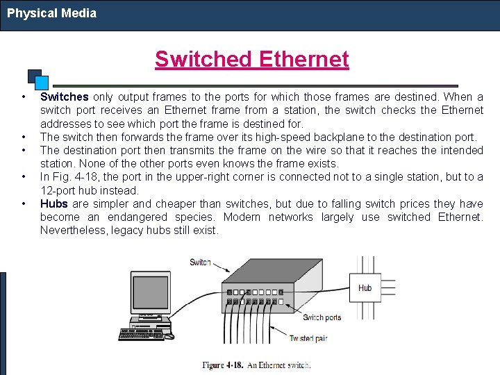 Physical Media Switched Ethernet • • • Switches only output frames to the ports
