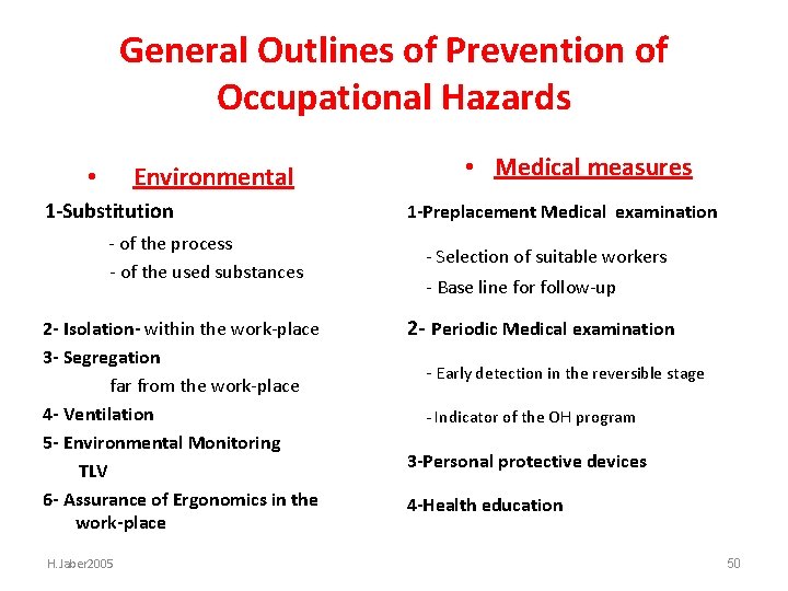 General Outlines of Prevention of Occupational Hazards • Environmental 1 -Substitution - of the