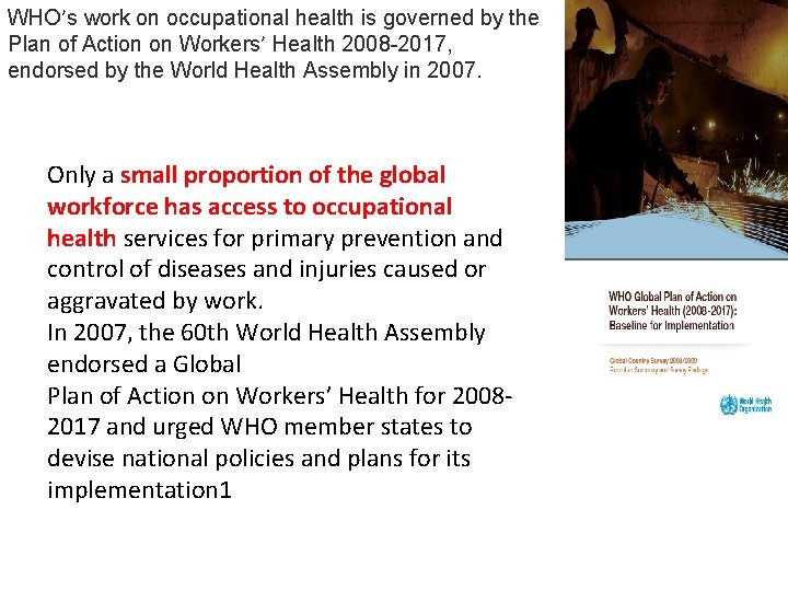 WHO’s work on occupational health is governed by the Plan of Action on Workers’