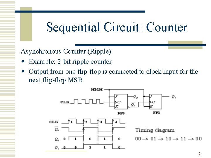 Sequential Circuit: Counter Asynchronous Counter (Ripple) w Example: 2 -bit ripple counter w Output