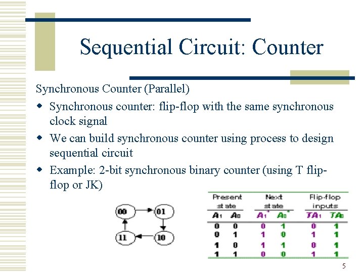 Sequential Circuit: Counter Synchronous Counter (Parallel) w Synchronous counter: flip-flop with the same synchronous