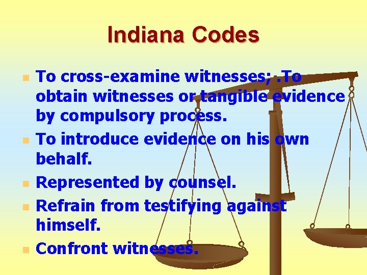 Indiana Codes n n n To cross-examine witnesses; . To obtain witnesses or tangible