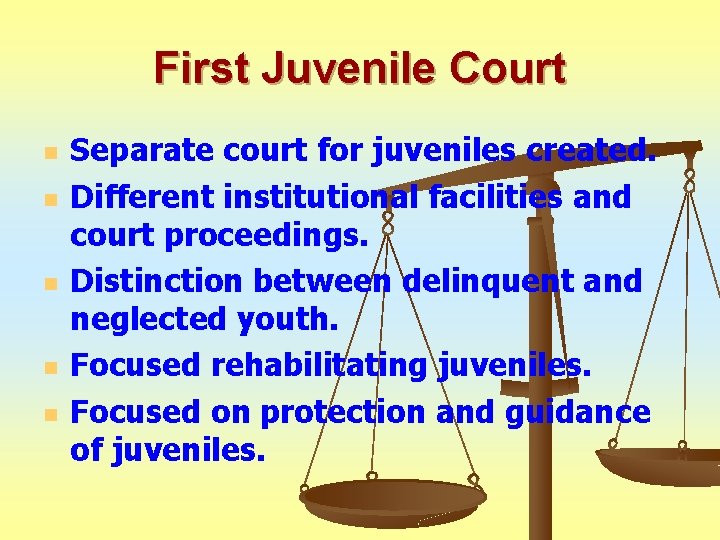 First Juvenile Court n n n Separate court for juveniles created. Different institutional facilities
