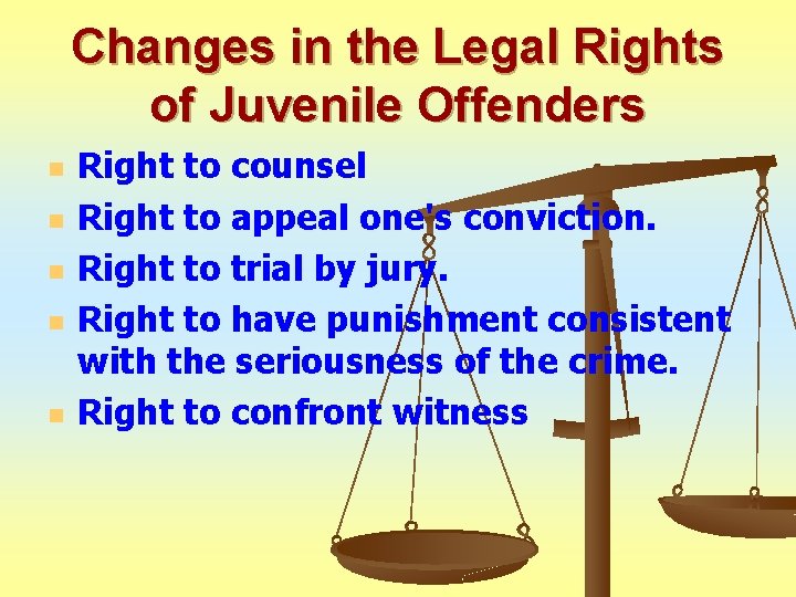 Changes in the Legal Rights of Juvenile Offenders n n n Right to counsel