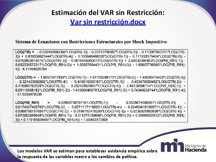 Estimación del VAR sin Restricción: Var sin restricción. docx Los modelos VAR se estiman