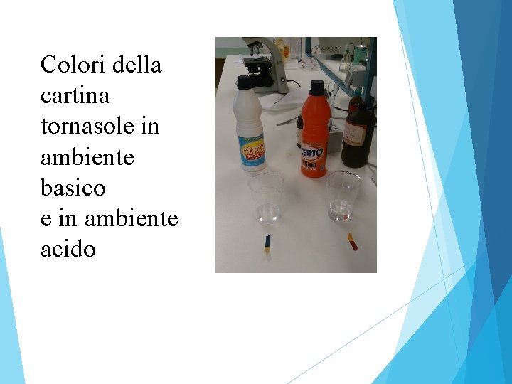 Colori della cartina tornasole in ambiente basico e in ambiente acido 