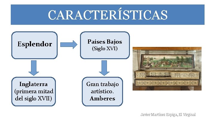 CARACTERÍSTICAS Esplendor Inglaterra (primera mitad del siglo XVII) Países Bajos (Siglo XVI) Gran trabajo