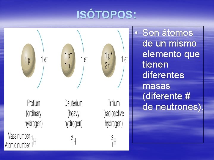 ISÓTOPOS: • Son átomos de un mismo elemento que tienen diferentes masas (diferente #