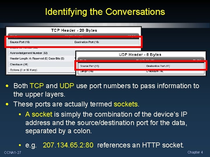 Identifying the Conversations • Both TCP and UDP use port numbers to pass information