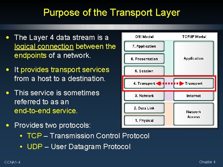 Purpose of the Transport Layer • The Layer 4 data stream is a logical