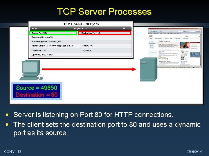 TCP Server Processes Source = 49650 Destination = 80 • Server is listening on