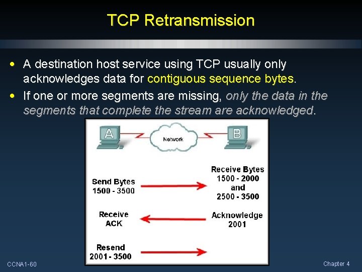 TCP Retransmission • A destination host service using TCP usually only acknowledges data for