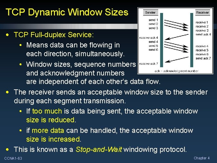 TCP Dynamic Window Sizes • TCP Full-duplex Service: • Means data can be flowing