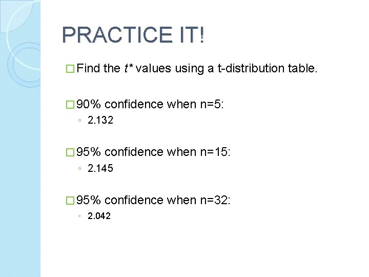 PRACTICE IT! � Find the t* values using a t-distribution table. � 90% confidence PRACTICE IT! � Find the t* values using a t-distribution table. � 90% confidence