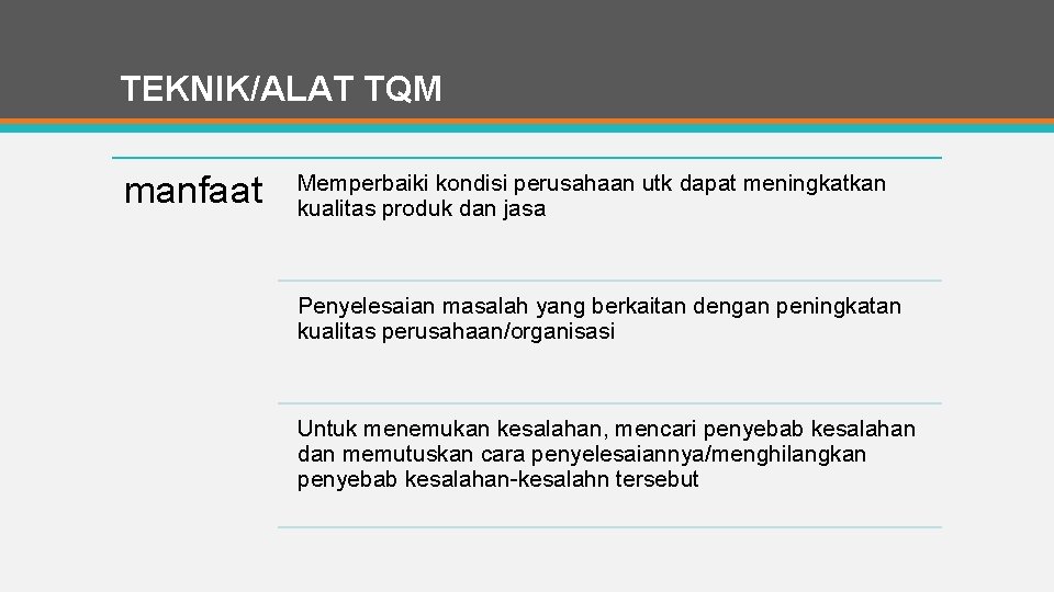 TEKNIK/ALAT TQM manfaat Memperbaiki kondisi perusahaan utk dapat meningkatkan kualitas produk dan jasa Penyelesaian