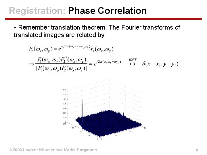 Registration: Phase Correlation • Remember translation theorem: The Fourier transforms of translated images are Registration: Phase Correlation • Remember translation theorem: The Fourier transforms of translated images are
