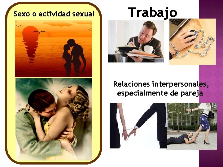 Sexo o actividad sexual Trabajo Relaciones interpersonales, especialmente de pareja 