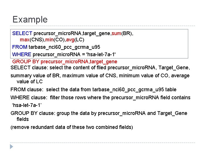 Example SELECT precursor_micro. RNA, target_gene, sum(BR), max(CNS), min(CO), avg(LC) FROM tarbase_nci 60_pcc_gcrma_u 95 WHERE