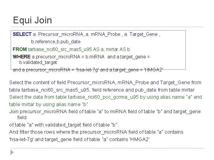 Equi Join SELECT a. Precursor_micro. RNA, a. m. RNA_Probe , a. Target_Gene , b.