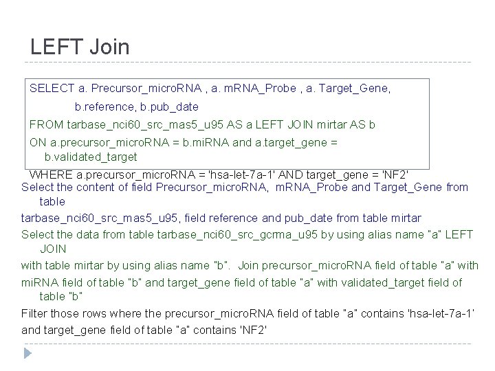 LEFT Join SELECT a. Precursor_micro. RNA , a. m. RNA_Probe , a. Target_Gene, b.