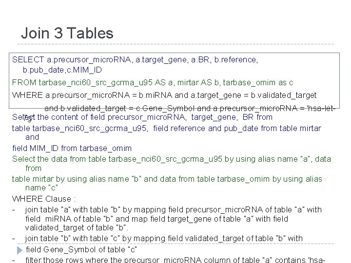 Join 3 Tables SELECT a. precursor_micro. RNA, a. target_gene, a. BR, b. reference, b.