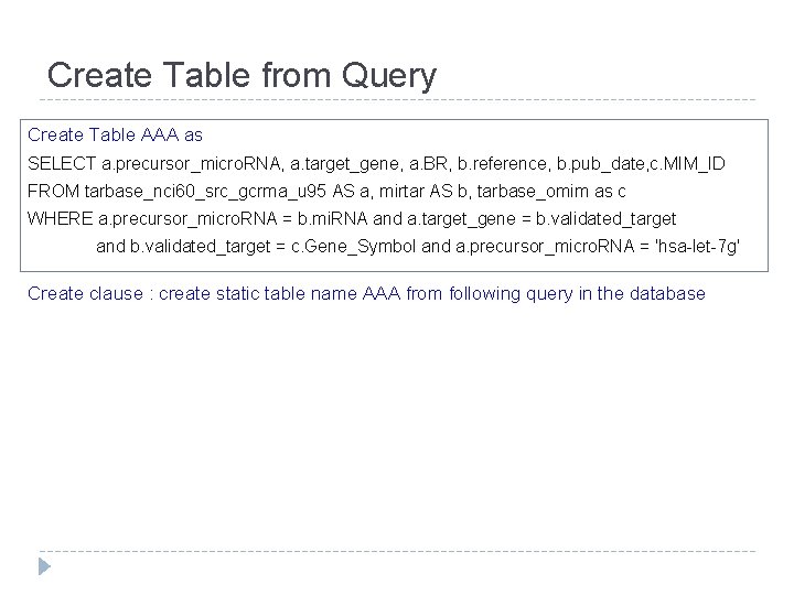 Create Table from Query Create Table AAA as SELECT a. precursor_micro. RNA, a. target_gene,