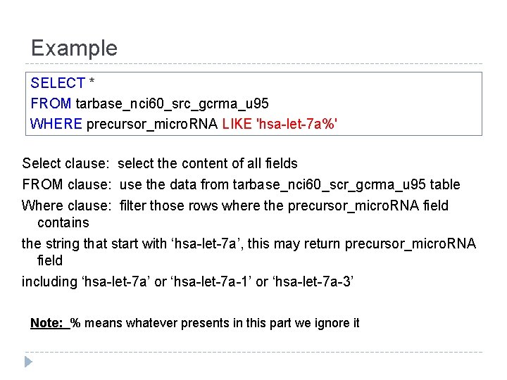 Example SELECT * FROM tarbase_nci 60_src_gcrma_u 95 WHERE precursor_micro. RNA LIKE 'hsa-let-7 a%' Select