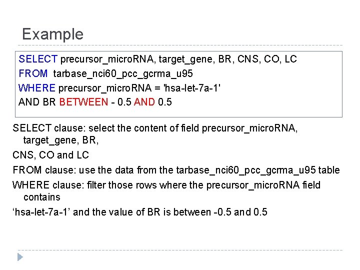 Example SELECT precursor_micro. RNA, target_gene, BR, CNS, CO, LC FROM tarbase_nci 60_pcc_gcrma_u 95 WHERE