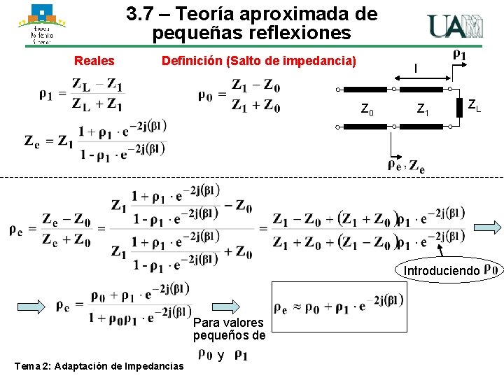 3. 7 – Teoría aproximada de pequeñas reflexiones Reales Definición (Salto de impedancia) l