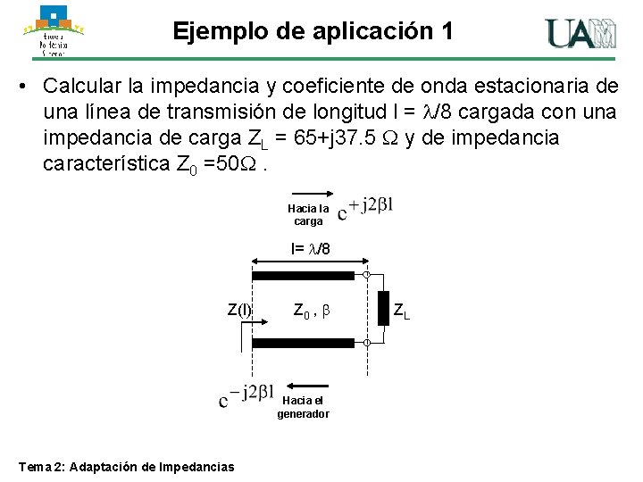 Ejemplo de aplicación 1 • Calcular la impedancia y coeficiente de onda estacionaria de