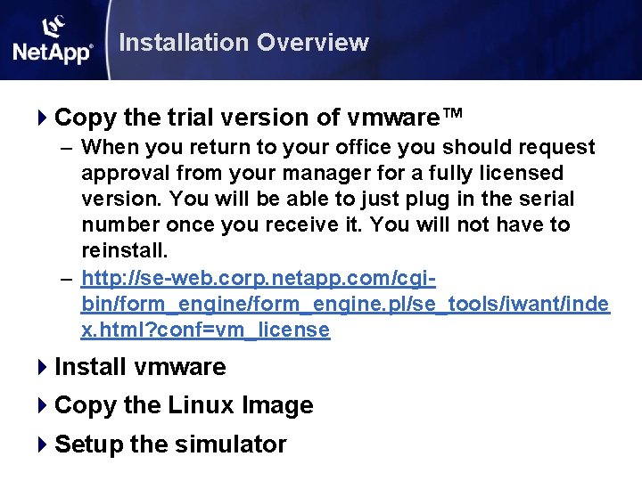 Installation Overview 4 Copy the trial version of vmware™ – When you return to Installation Overview 4 Copy the trial version of vmware™ – When you return to