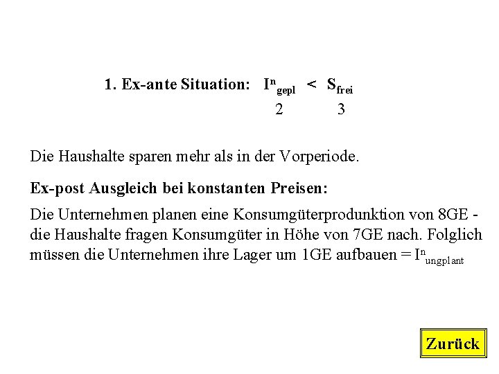 1. Ex-ante Situation: Ingepl < Sfrei 2 3 Die Haushalte sparen mehr als in